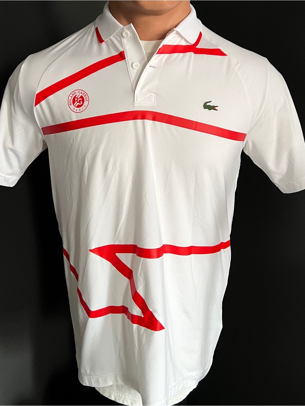 Lacoste White Polo with Red Graphic Stripes
